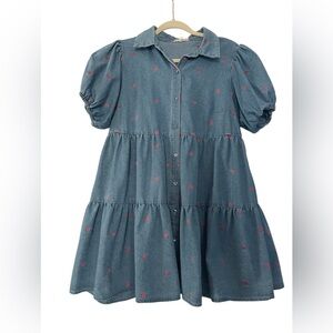 Main Strip Denim Kids Dress with Pink Details